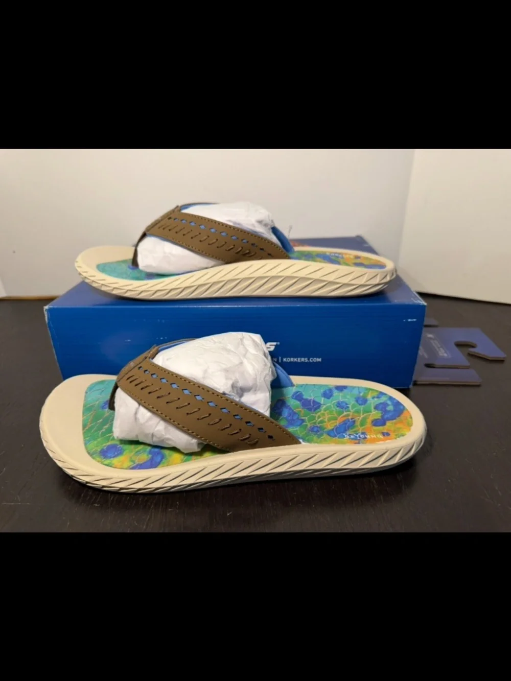 Korkers Fish Flip Dorado Sandals Flip Flops Blue/Green/Yellow Mens 10